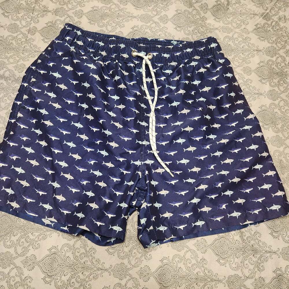 Shark Print Navy Blue Quick Dry Mesh-Lined Swim Trunks Board Shorts